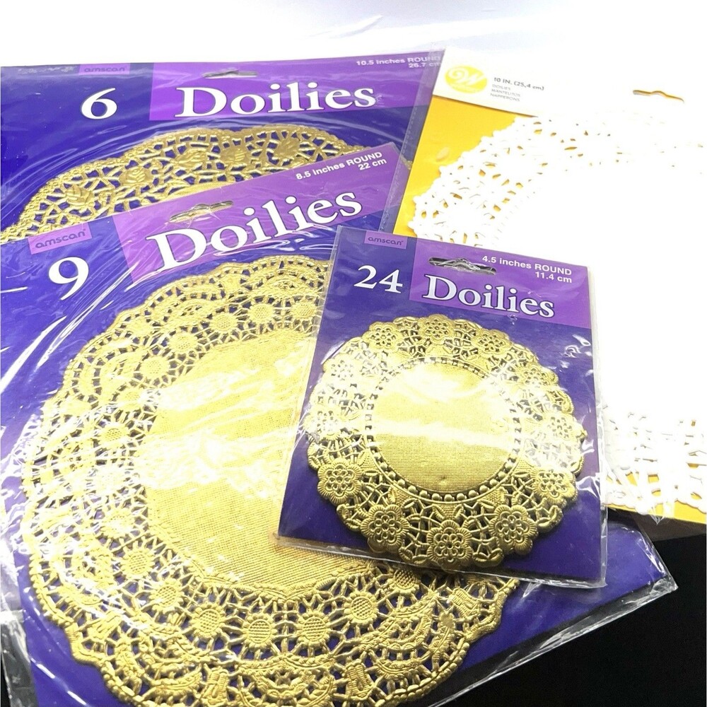 Lot 50 Vtg Royal Lace Round Gold Foil & White Paper Lace Doilies,  5”-10.5”